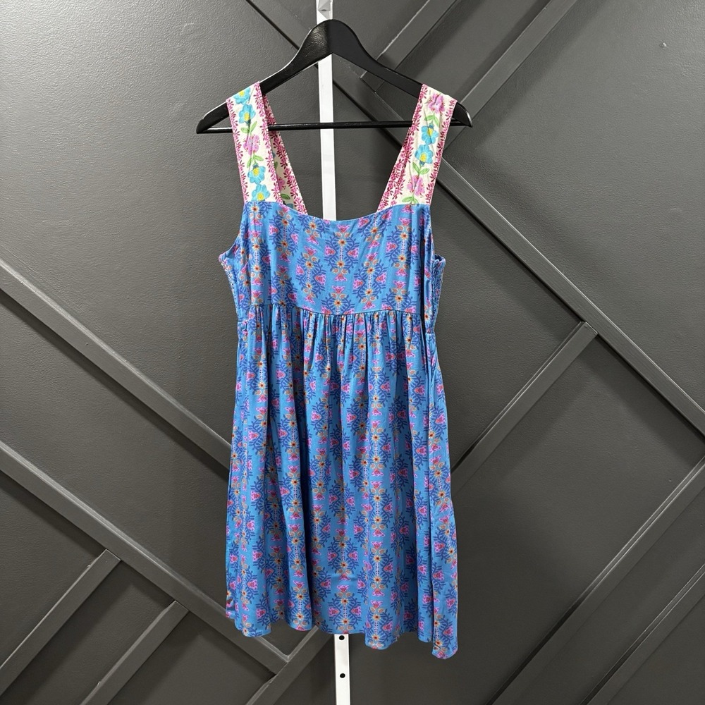 Natural Life Size M Blue Pink Floral Patchwork Sleeveless Mini Dress Boho